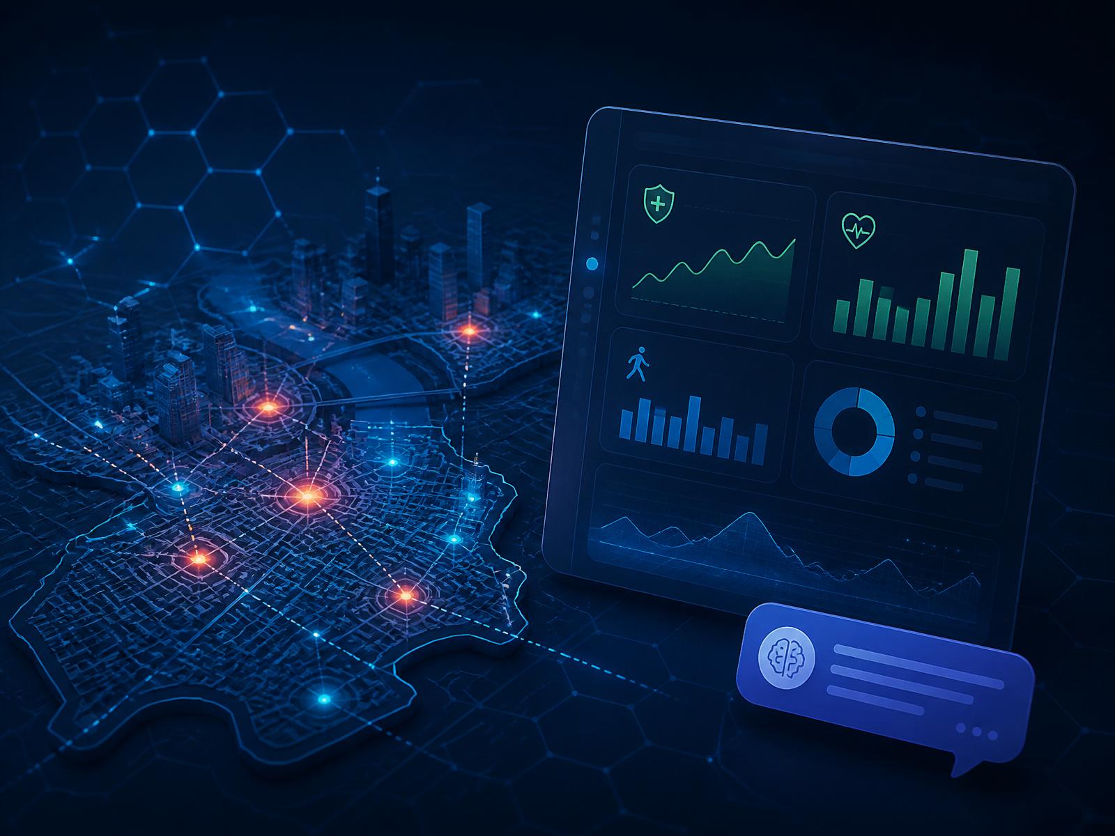 Composição visual com mapa georreferenciado com pontos de calor, dashboard de indicadores de saúde e chat de IA — ilustrando as soluções Wise para o setor público.