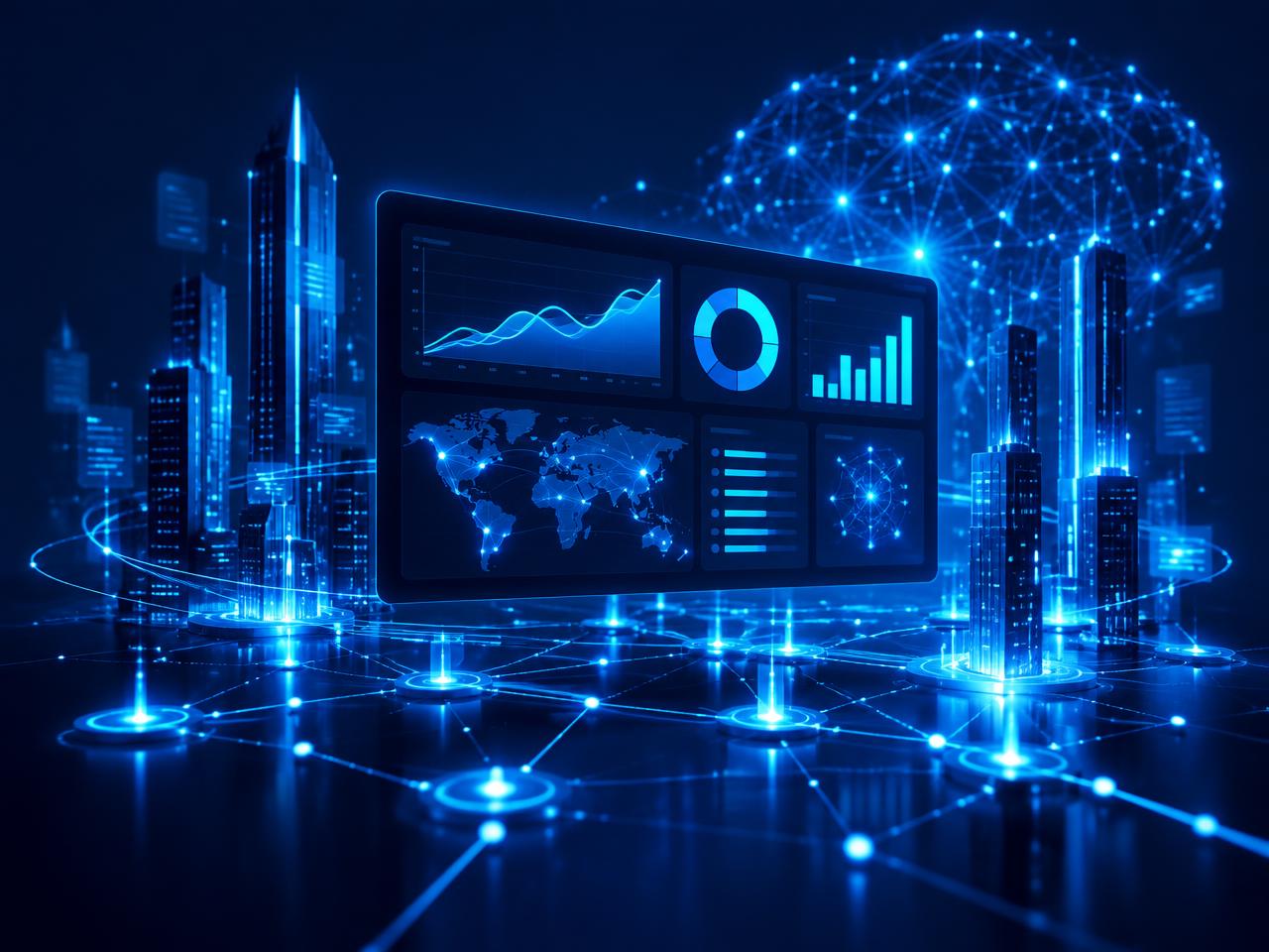 Painel de dados corporativos sobre rede de inteligência artificial